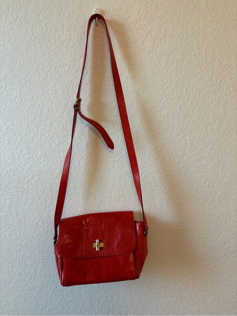 Vintage FURLA Red Leather Crossbody Bag Made in Italy Turnlock Shoulder Purse